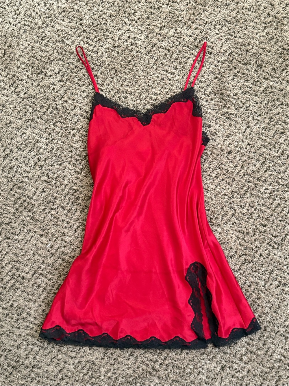 Victoria's Secret Red Satin Slip with Black Lace Trim